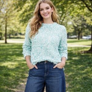 Ann Taylor Nubby Tweed Sweater Light Teal & White Textured Knit Coastal Sz M